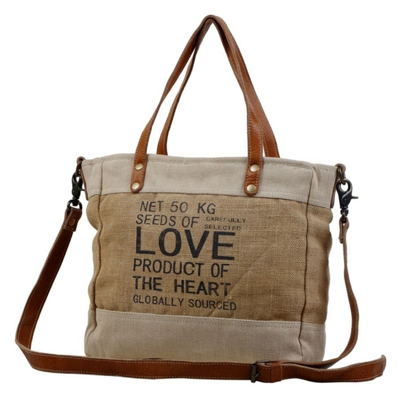 New! Myra Bag Repurposed Jute Canvas And Leather Market Tote Shoulder Bag - Picture 6 of 7